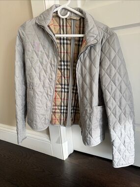 Burberry Light Gray Quilted Jacket with Plaid Lining - Women's Coat